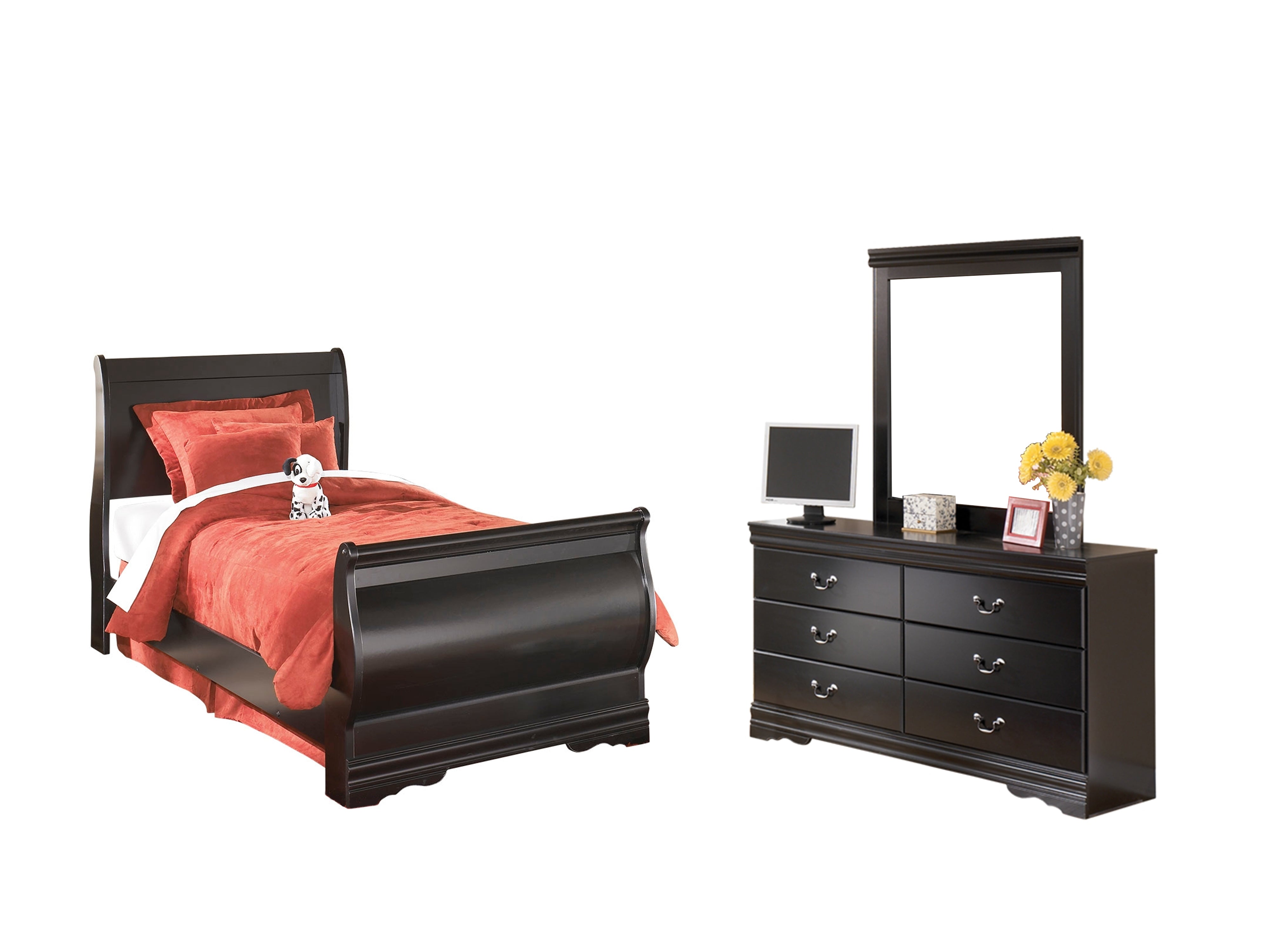 J&M Furniture - Ashley Furniture - Huey Vineyard Twin Sleigh Bed with Mirroed Dresser and Nightstand - Twin Sleigh Bed with Mirroed Dresser and Nightstand - B128B13