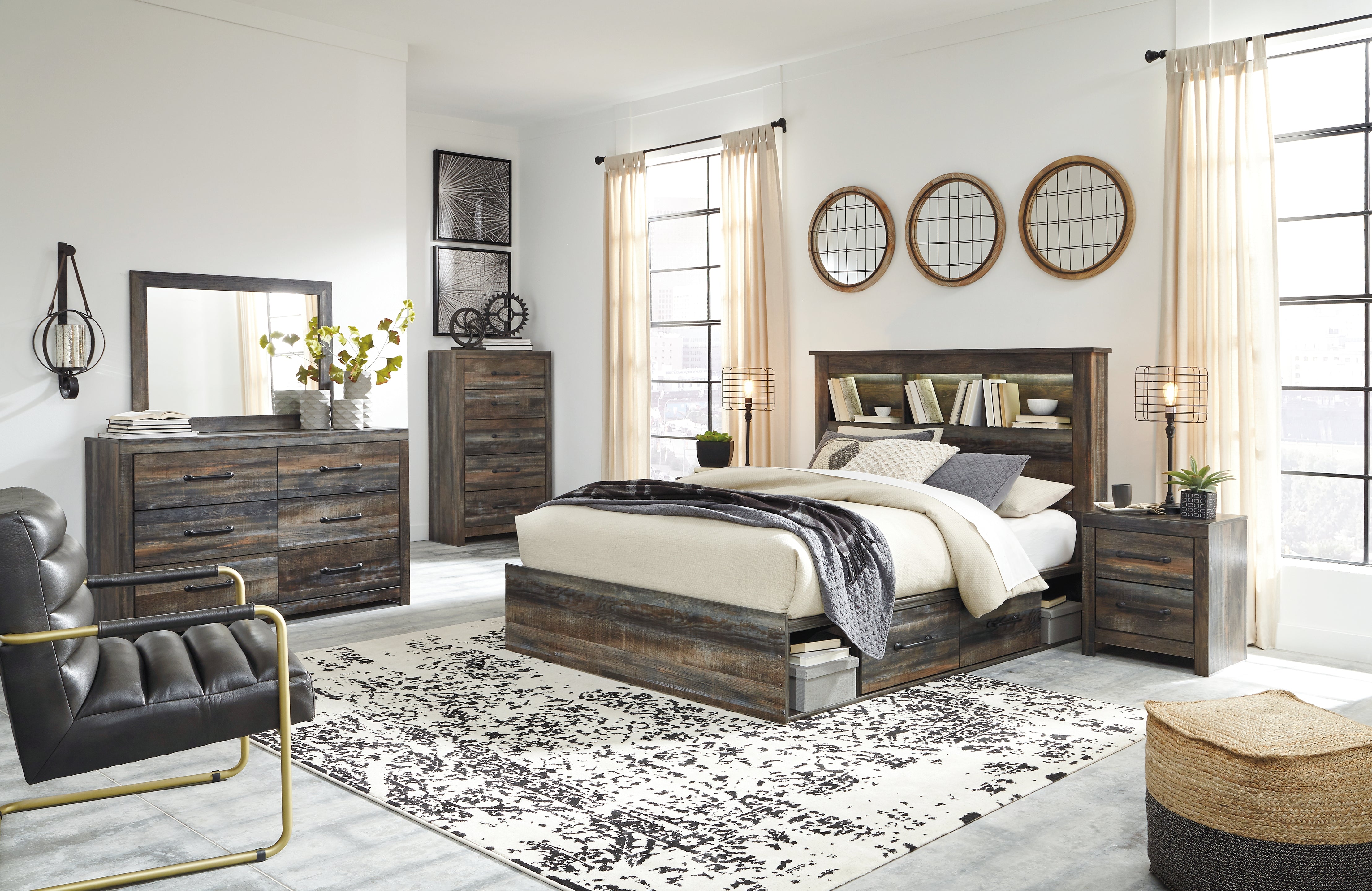 J&M Furniture - Ashley Furniture - Drystan Queen Bookcase Storage Bed, Dresser, Mirror, Chest and 2 Nightstands - Queen Bookcase Storage Bed, Dresser, Mirror, Chest and 2 Nightstands - B211B77