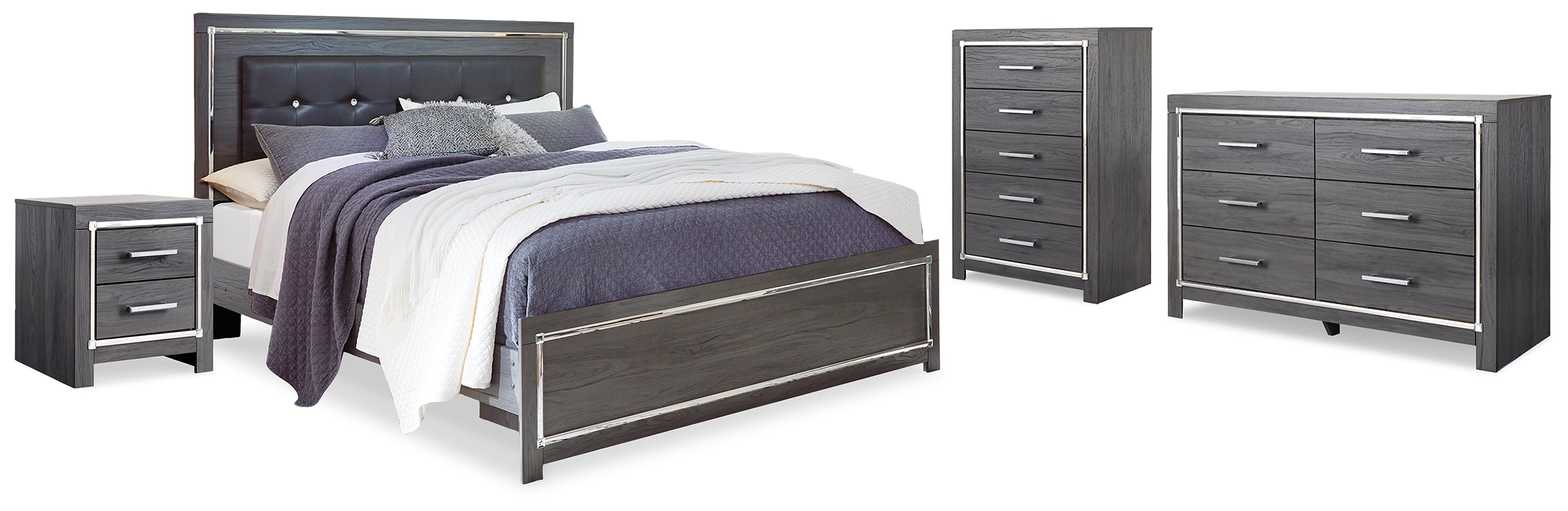 J&M Furniture - Ashley Furniture - Lodanna King Upholstered Panel Bed, Dresser, Chest and 2 Nightstands - King Upholstered Panel Bed, Dresser, Chest and 2 Nightstands - B214B43