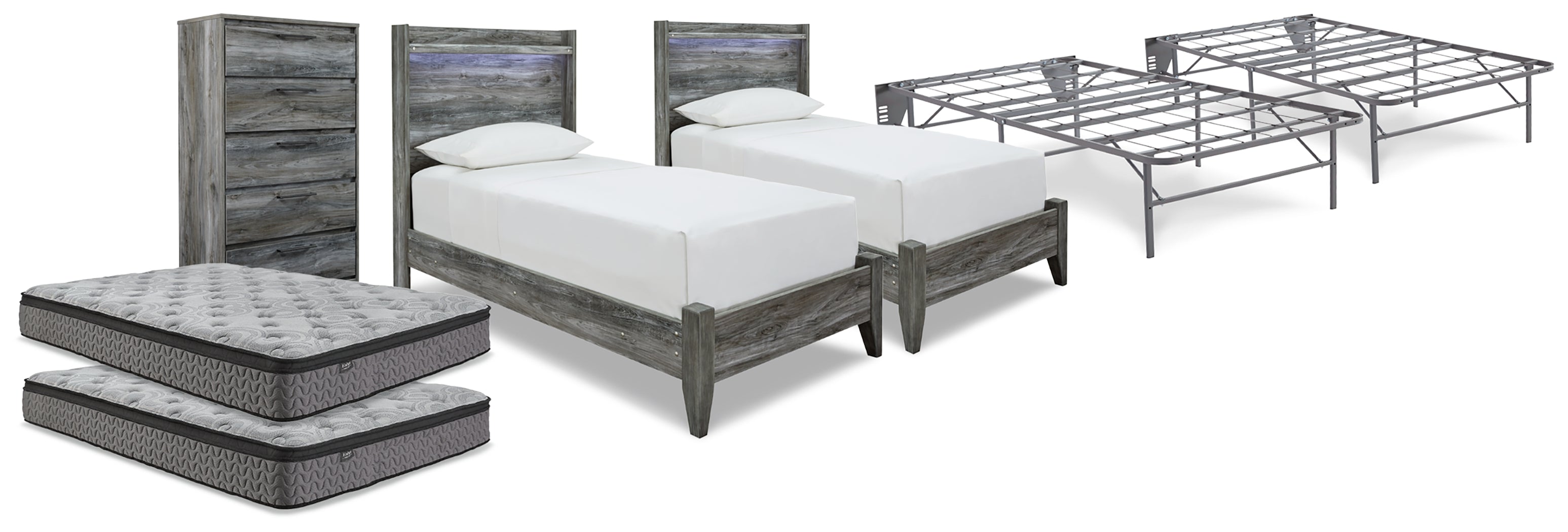 J&M Furniture - Ashley Furniture - Baystorm 2 Twin Panel Beds, 2 Mattresses, 2 Foundations, and Chest - 2 Twin Panel Beds, 2 Mattresses, 2 Foundations, and Chest - B221B45