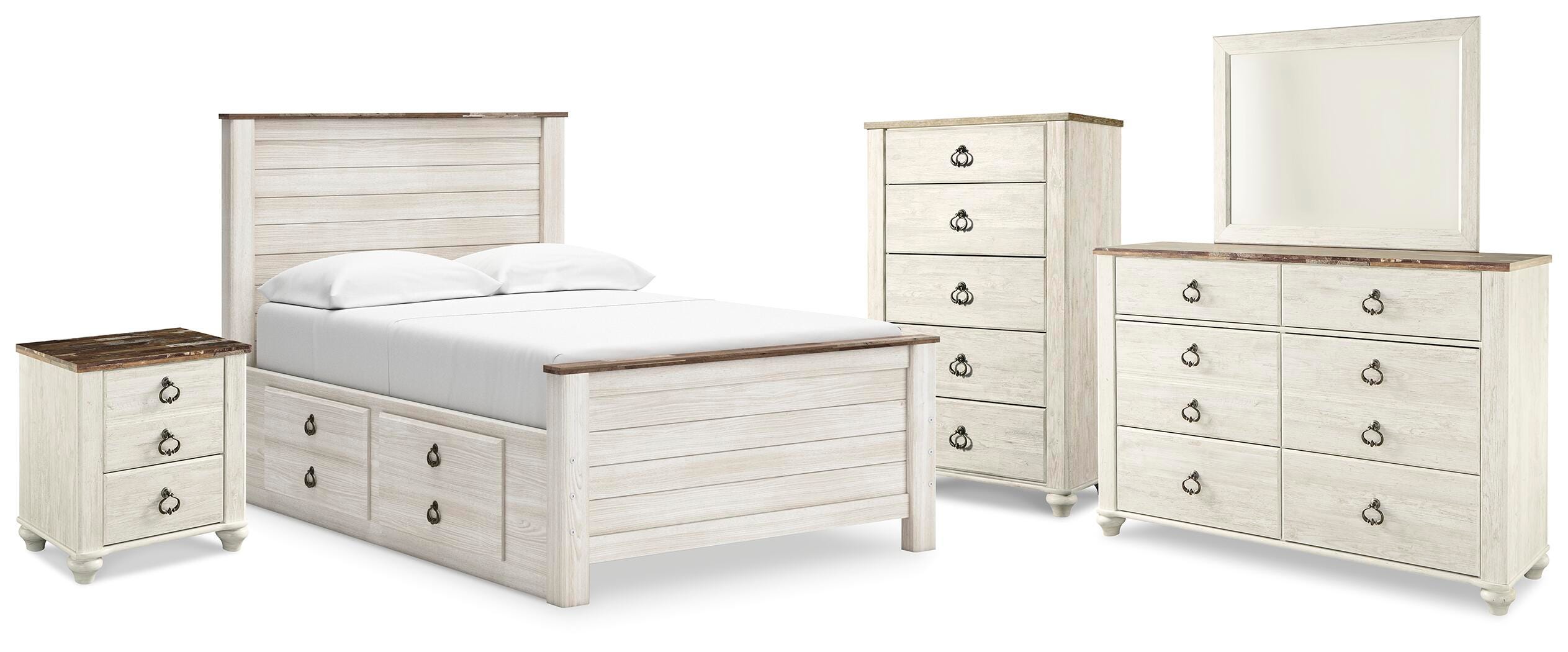 J&M Furniture - Ashley Furniture - Willowton Full Panel Bed with storage, Dresser, Mirror, Chest and Nightstand - Full Panel Bed with storage, Dresser, Mirror, Chest and Nightstand - B267B12