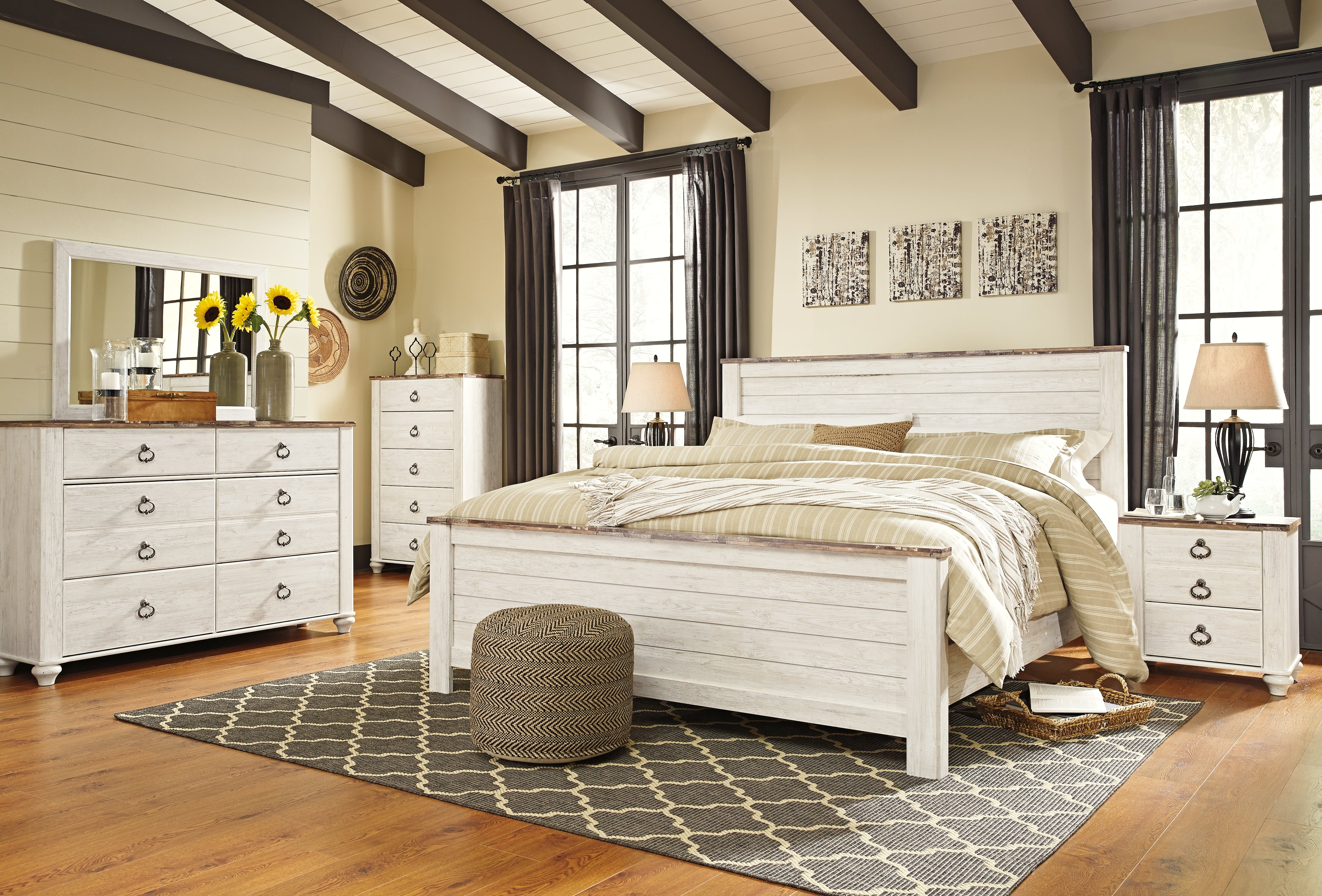 J&M Furniture - Ashley Furniture - Willowton King Panel Bed, Dresser, Mirror, Chest and 2 Nightstands - King Panel Bed, Dresser, Mirror, Chest and 2 Nightstands - B267B45