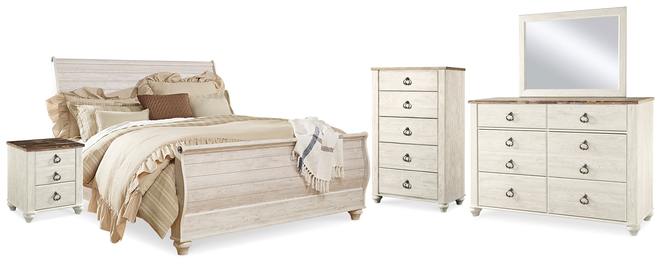 J&M Furniture - Ashley Furniture - Willowton King Sleigh Bed, Dresser, Mirror, Chest and 2 Nightstands - King Sleigh Bed, Dresser, Mirror, Chest and 2 Nightstands - B267B44