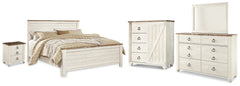 Willowton King Panel Bed, Dresser, Mirror, Chest and Nightstand