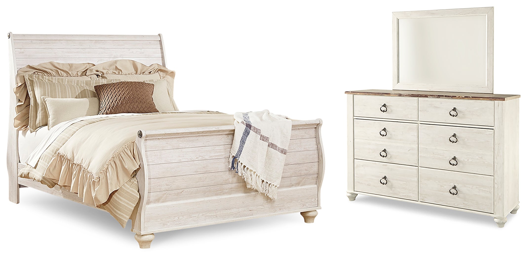 J&M Furniture - Ashley Furniture - Willowton Queen Sleigh Bed, Dresser and Mirror - Queen Sleigh Bed, Dresser and Mirror / Whitewash - B267B7