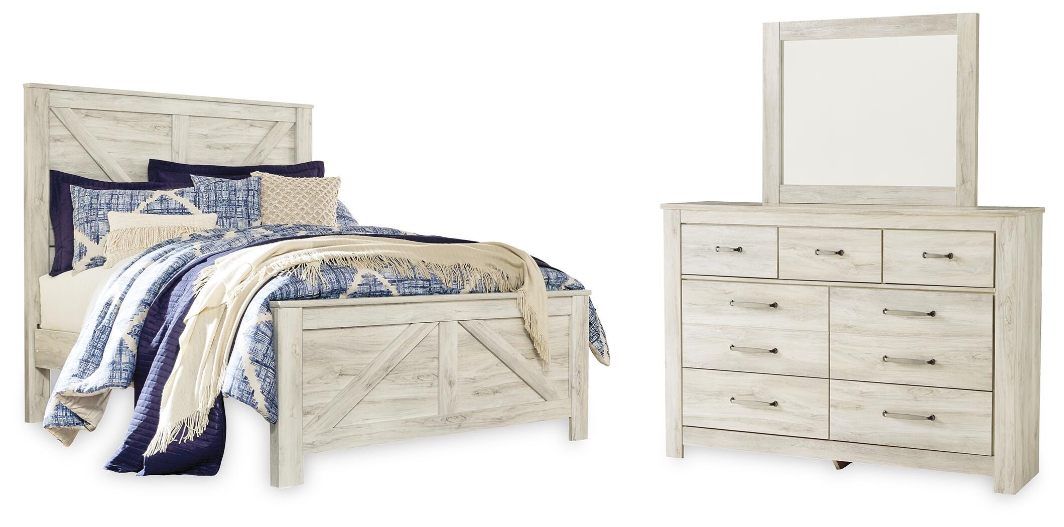 J&M Furniture - Ashley Furniture - Bellaby Queen Crossbuck Panel Bed, Dresser and Mirror - Queen Crossbuck Panel Bed, Dresser and Mirror - B331B7