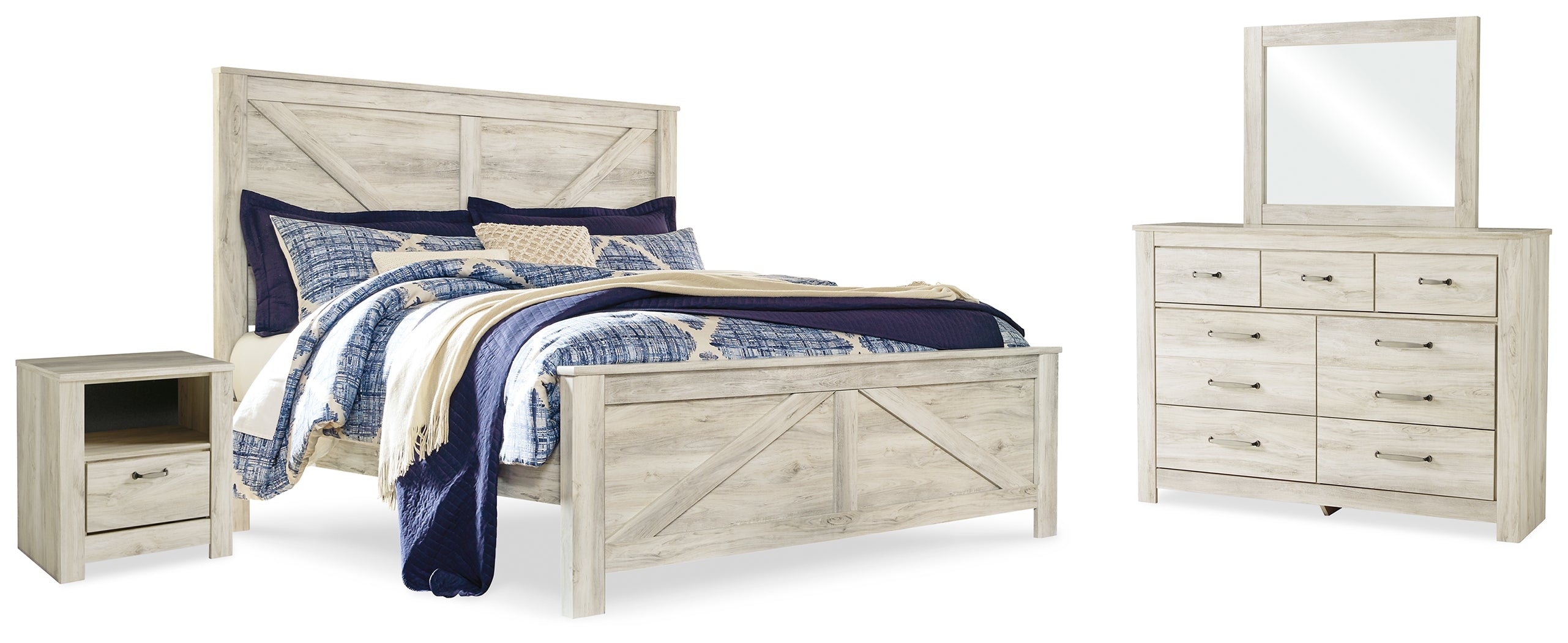 J&M Furniture - Ashley Furniture - Bellaby King Crossbuck Panel Bed, Dresser, Mirror, and Nightstand - King Crossbuck Panel Bed, Dresser, Mirror, and Nightstand - B331B15