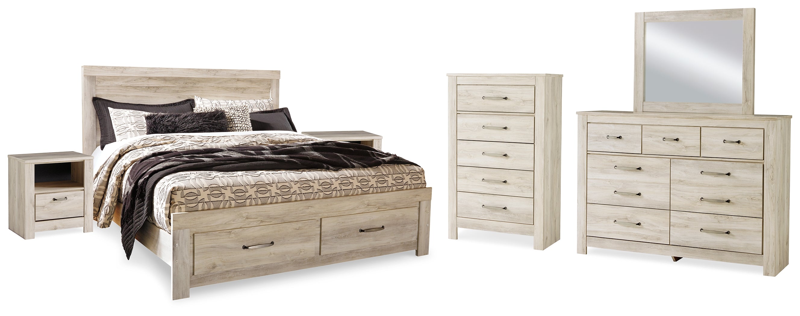 J&M Furniture - Ashley Furniture - Bellaby King Storage Bed, Dresser, Mirror, Chest and 2 Nightstands - King Storage Bed, Dresser, Mirror, Chest and 2 Nightstands / Whitewash - B331B20