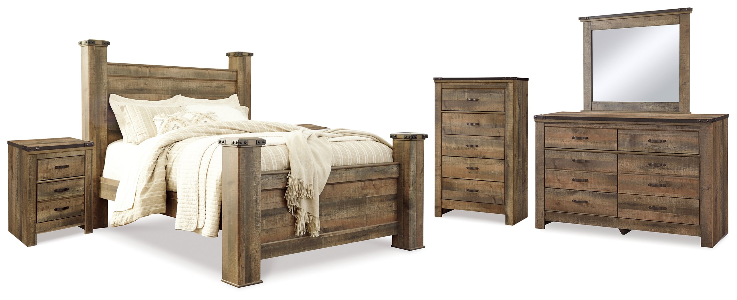J&M Furniture - Ashley Furniture - Trinell Queen Poster Bed, Dresser, Mirror, Chest and 2 Nightstands - Queen Poster Bed, Dresser, Mirror, Chest and 2 Nightstands - B446B80
