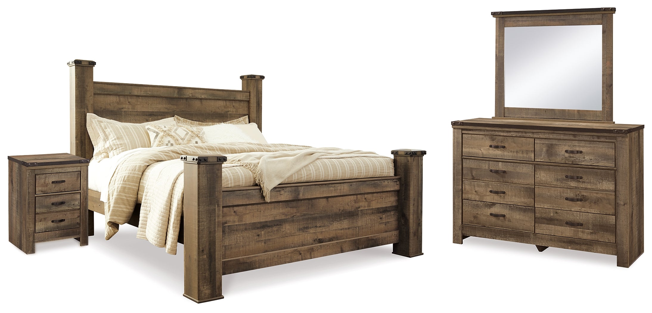 J&M Furniture - Ashley Furniture - Trinell King Poster Bed, Dresser, Mirror and Nightstand - King Poster Bed, Dresser, Mirror and Nightstand - B446B75
