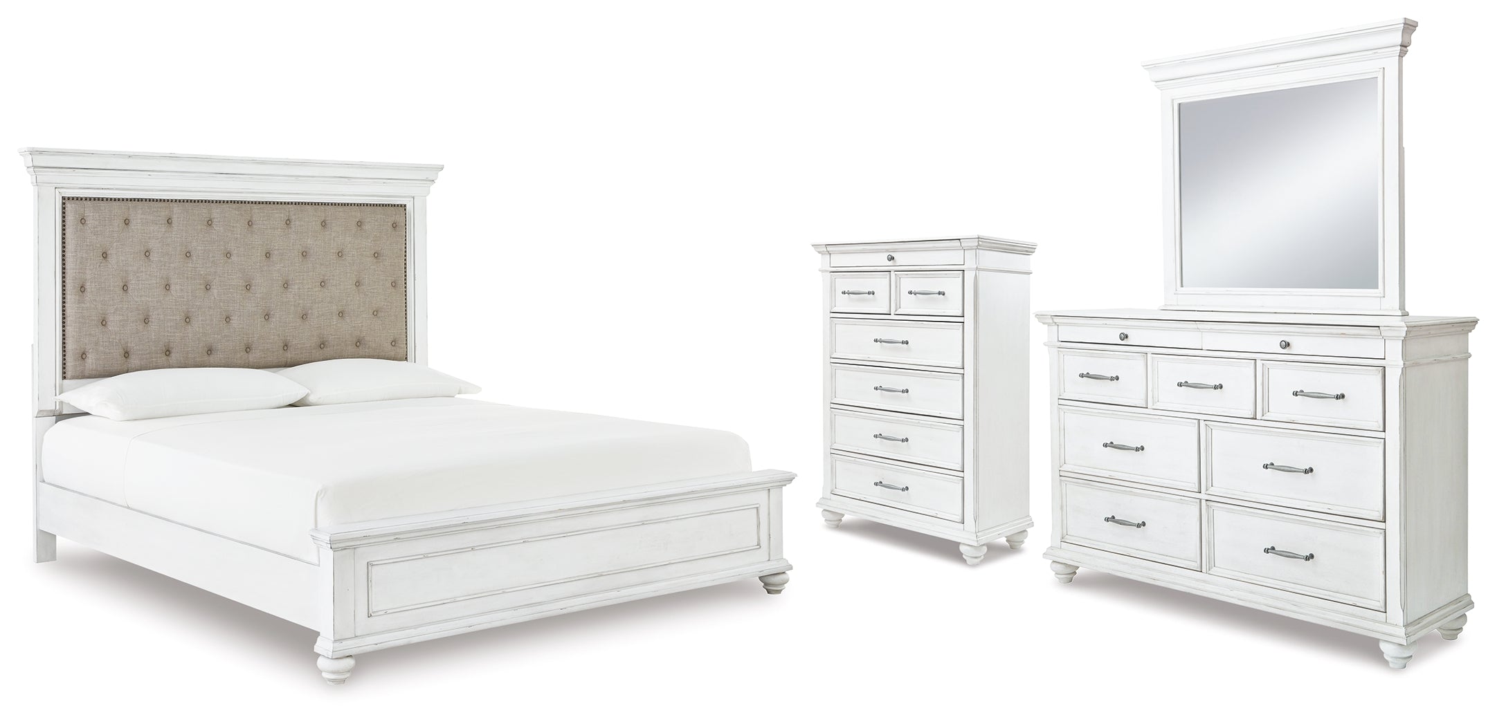 J&M Furniture - Ashley Furniture - Kanwyn Cal King Upholstered Panel Bed, Dresser, Mirror and Chest - Cal King Upholstered Panel Bed, Dresser, Mirror and Chest - B777B23