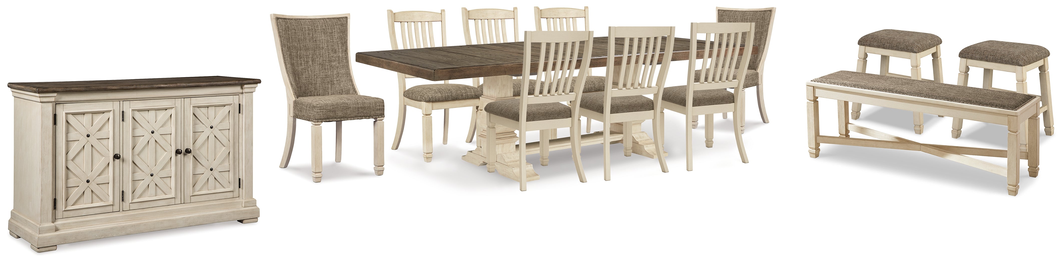 J&M Furniture - Ashley Furniture - Bolanburg Dining Table with 8 Chairs and Bench with Server and 2 Stools - Dining Table with 8 Chairs and Bench with Server and 2 Stools - D647D28