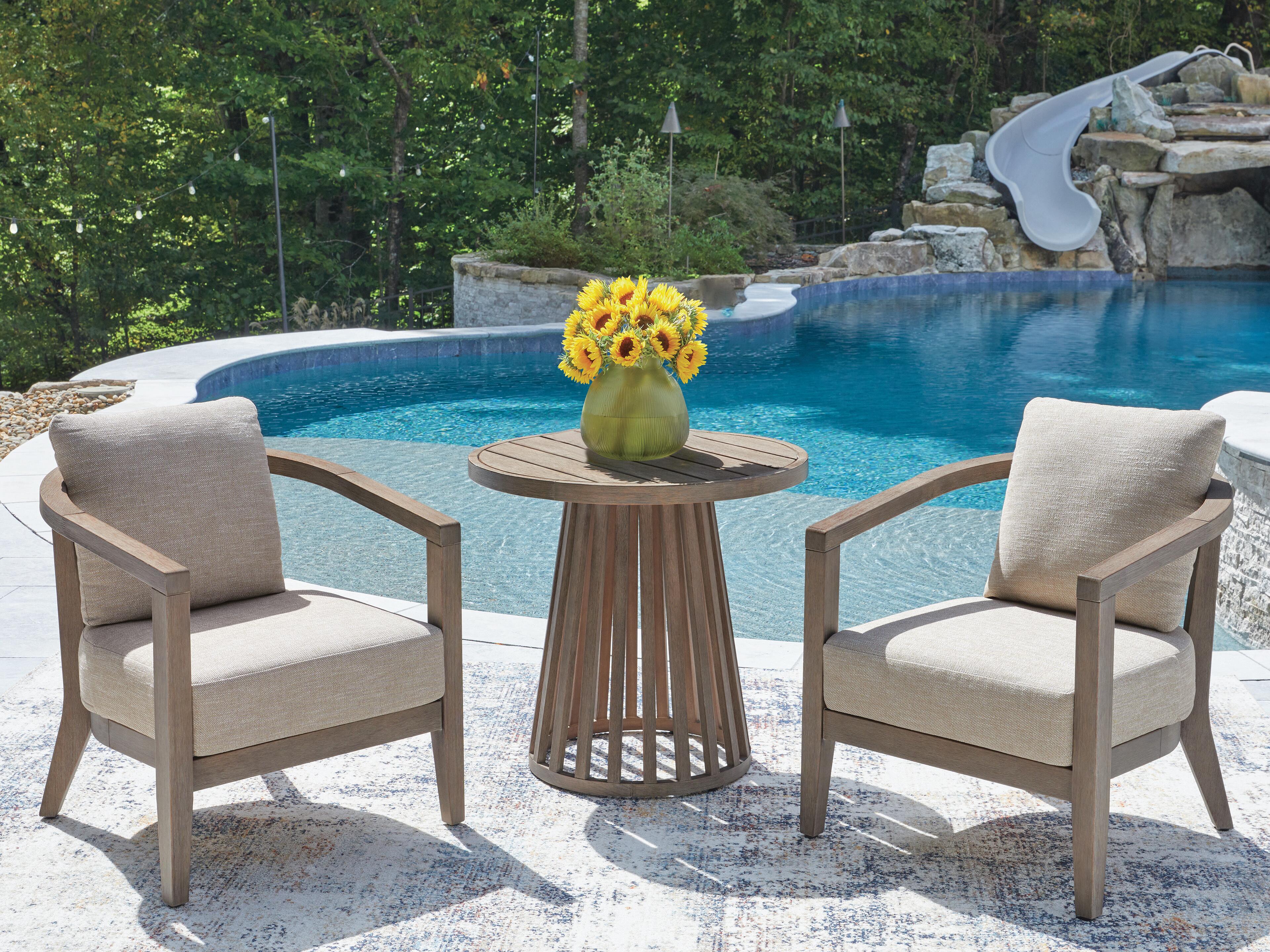 J&M Furniture - Ashley Furniture - Joy Lagoon Outdoor Chairs with Cushions/Table (Set of 3) - Chairs w/CUSH/Table Set (3/CN) - PCP310-050