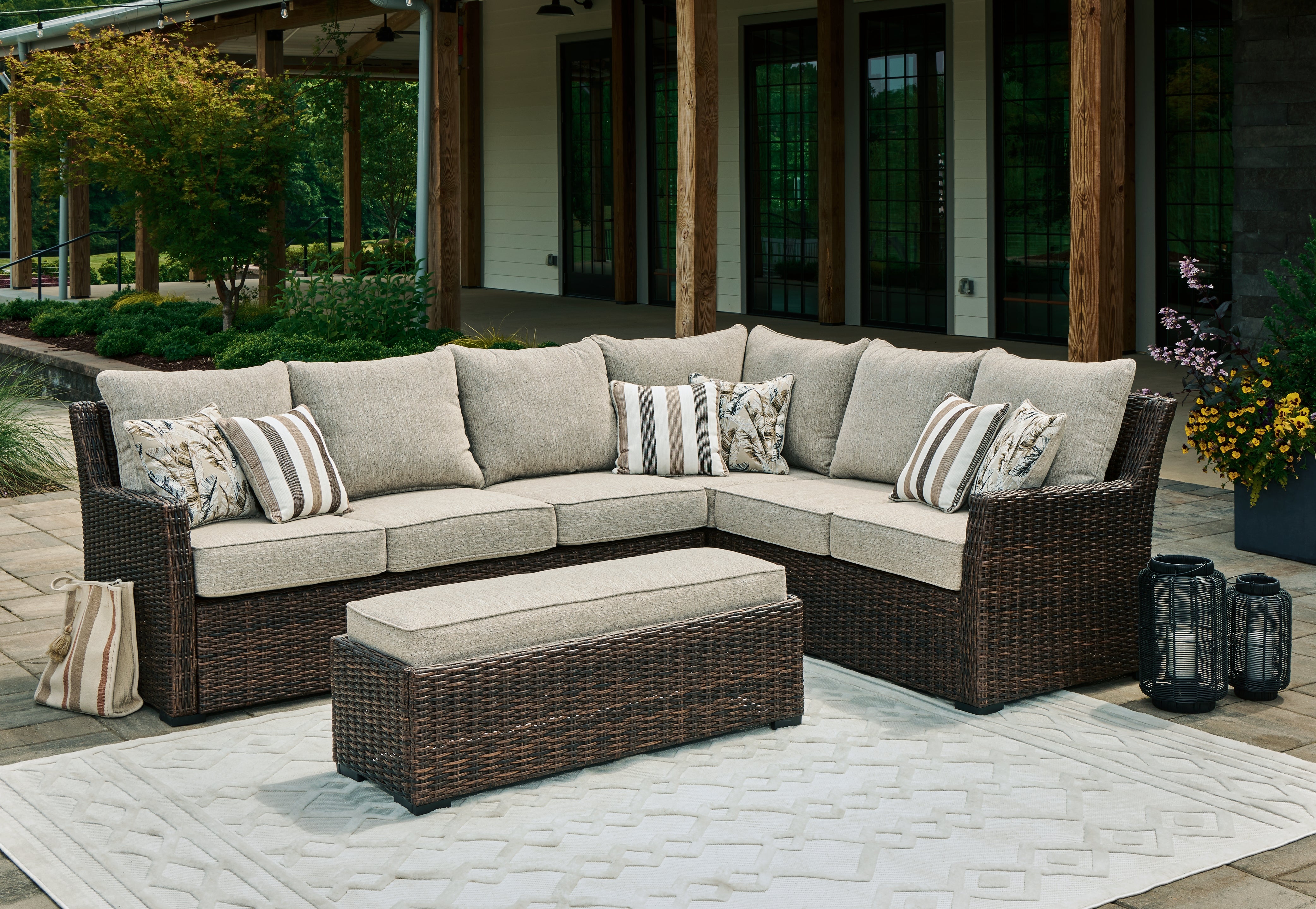 J&M Furniture - Ashley Furniture - Brook Ranch Outdoor Sofa Sectional/Bench with Cushion (Set of 3) - Sofa SEC/Bench w/CUSH (3/CN) - P465-822