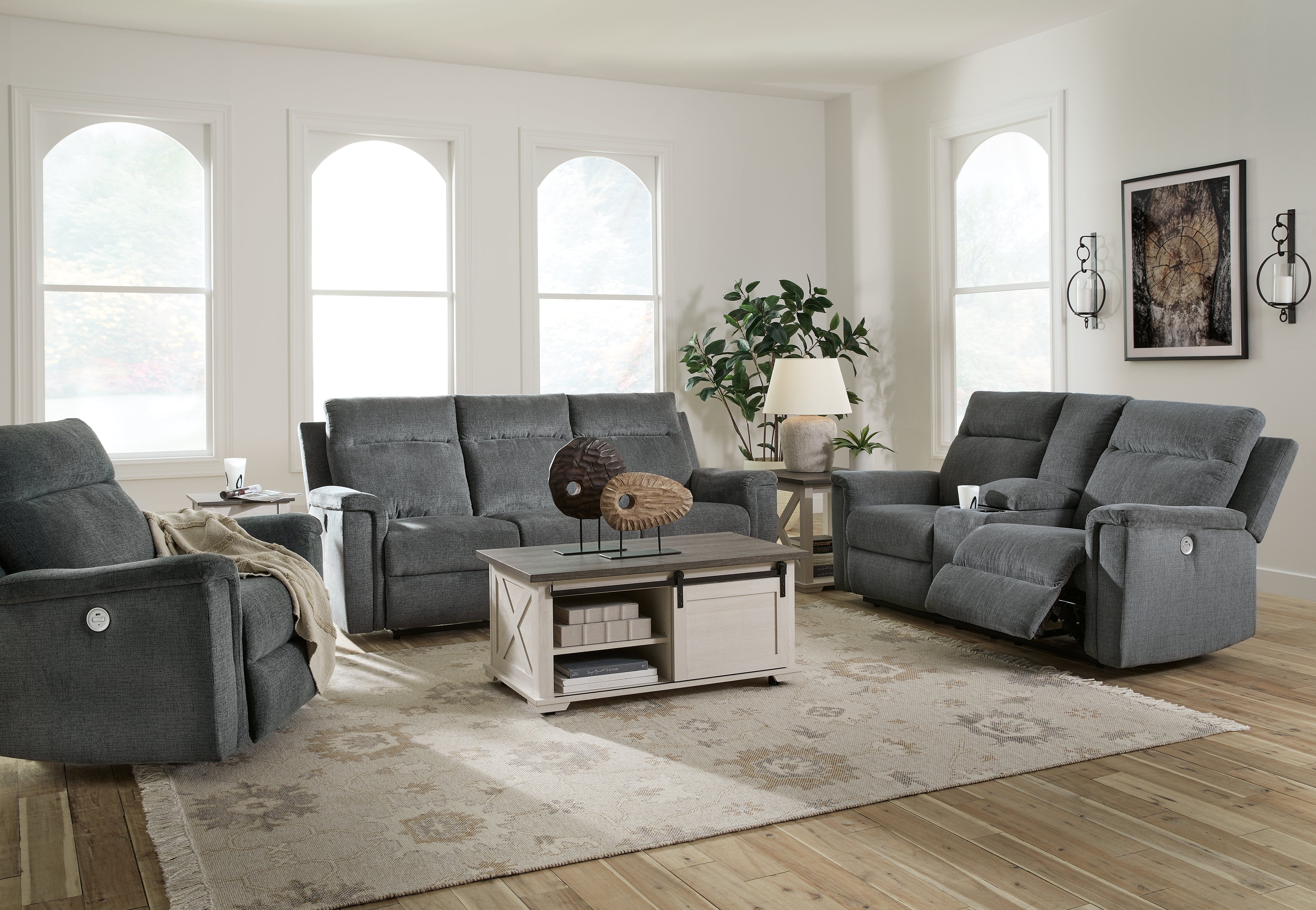 J&M Furniture - Ashley Furniture - Barnsana Power Reclining Sofa, Loveseat and Recliner - Power Reclining Sofa, Loveseat and Recliner / Gravel - 33202U2