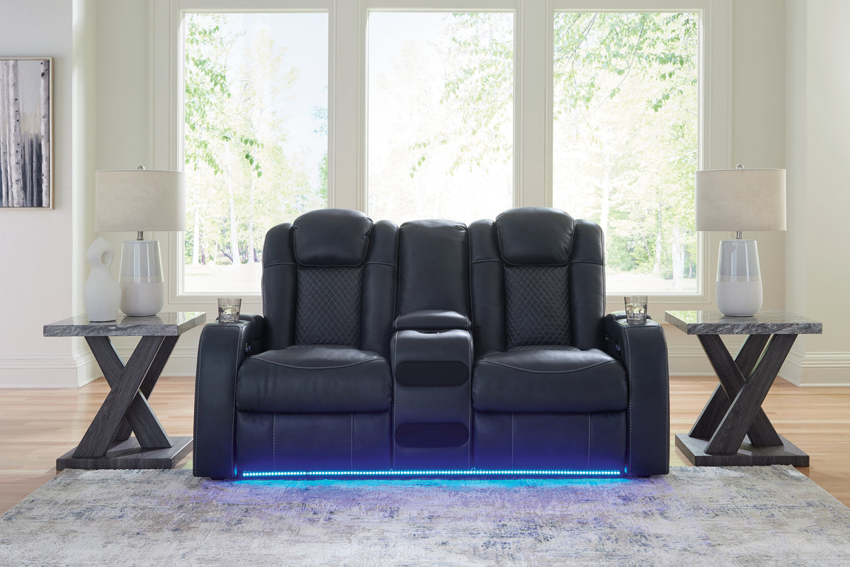 J&M Furniture - Ashley Furniture - Fyne-Dyme Power Reclining Loveseat with Console - PWR REC Loveseat/CON/ADJ HDRST / Sapphire - 3660318