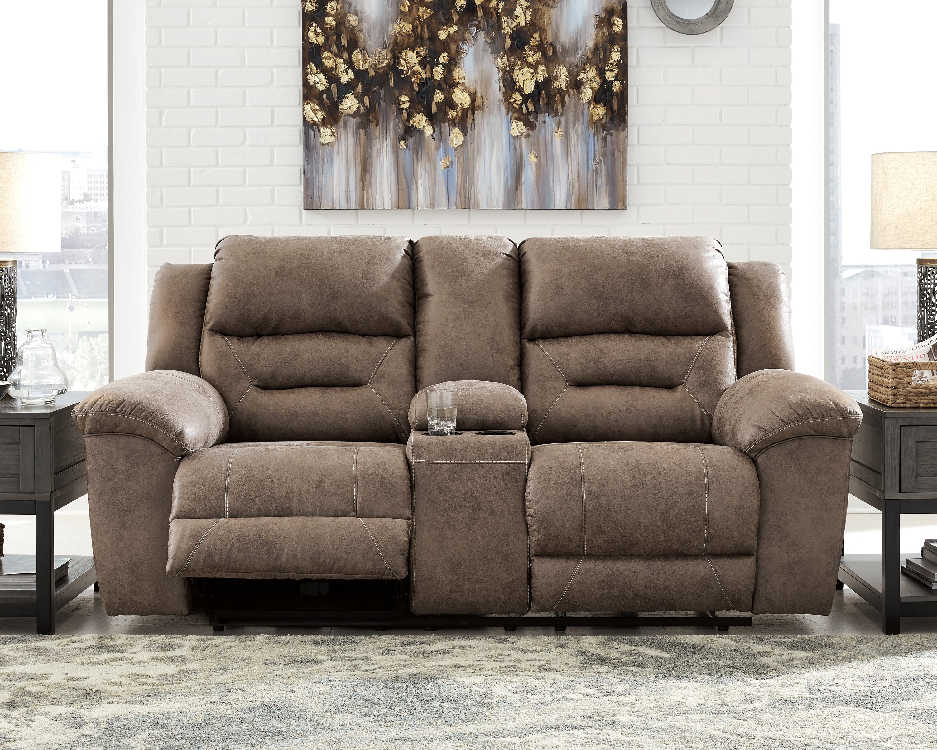 J&M Furniture - Ashley Furniture - Stoneland Reclining Loveseat with Console - DBL Rec Loveseat w/Console / Fossil - 3990594