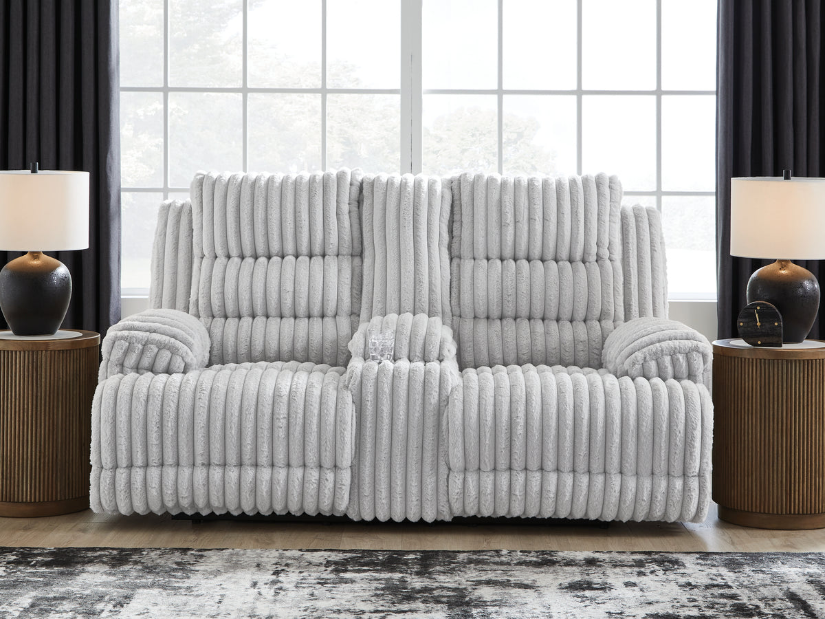 J&M Furniture - Ashley Furniture - Rhines Falls Power Reclining Loveseat with Console - DBL REC PWR Loveseat w/Console / Alloy - PC4280496