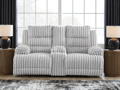 J&M Furniture - Ashley Furniture - Rhines Falls Power Reclining Loveseat with Console - DBL REC PWR Loveseat w/Console / Alloy - PC4280496