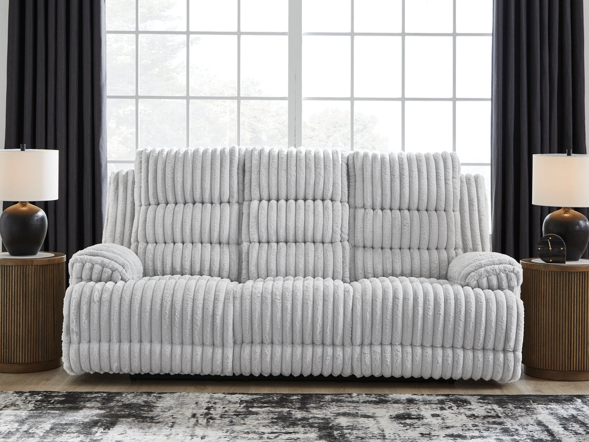 J&M Furniture - Ashley Furniture - Rhines Falls Power Reclining Sofa with Drop Down Table - REC PWR Sofa w/Drop Down Table / Alloy - PC4280499