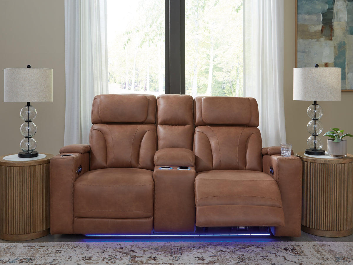 J&M Furniture - Ashley Furniture - Clean-Slate Power Reclining Loveseat with Console - PWR REC Loveseat/CON/ADJ HDRST / Caramel - PC5010118