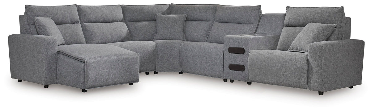 J&M Furniture - Ashley Furniture - ModMax II 6-Piece Reclining Sectional with Chaise and Audio Console - 6-Piece Reclining Sectional with Chaise and Audio Console / Salt and Pepper - 65906S29