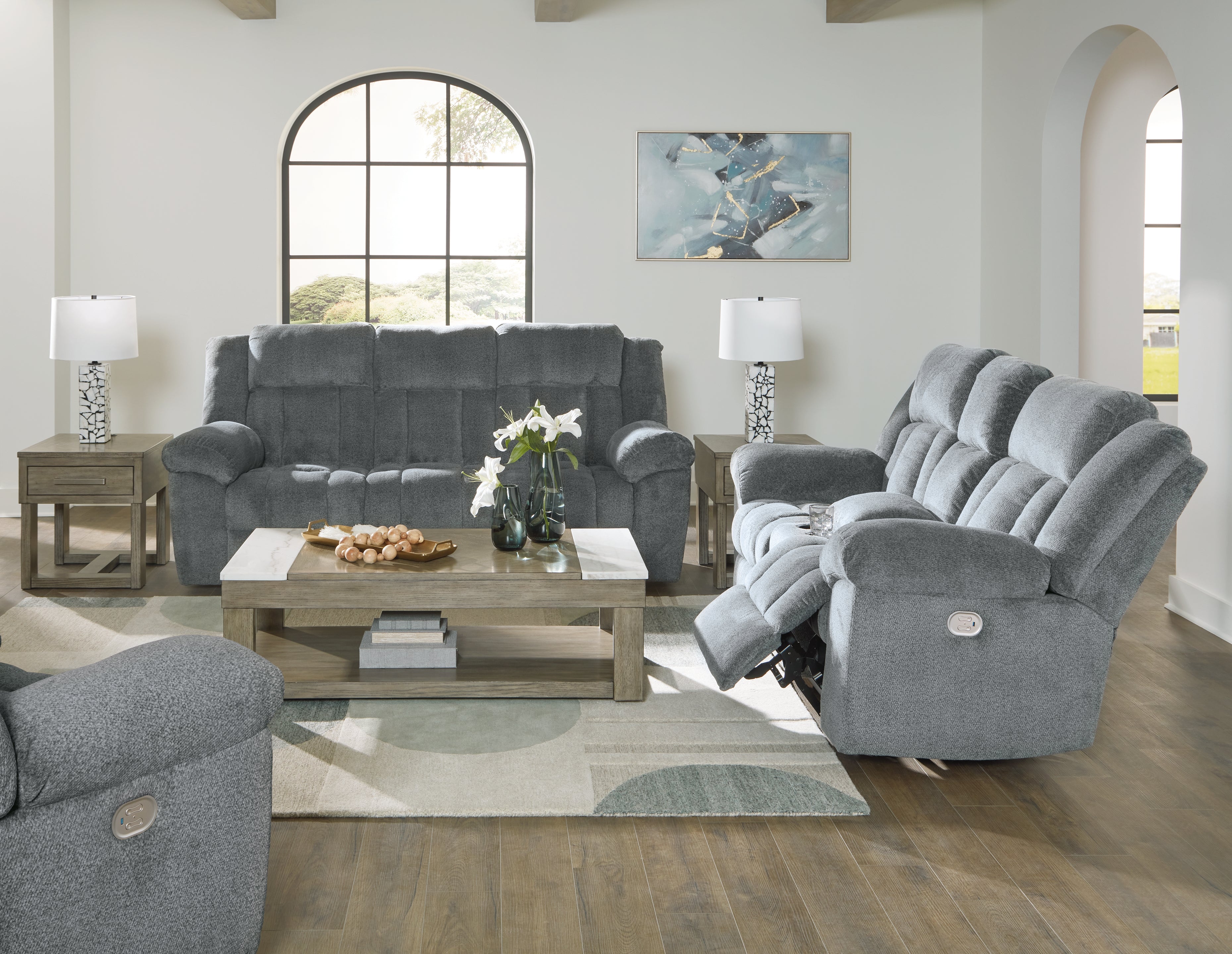 J&M Furniture - Ashley Furniture - Tip-Off Power Reclining Sofa, Loveseat and Recliner - Power Reclining Sofa, Loveseat and Recliner / Slate - 69304U2