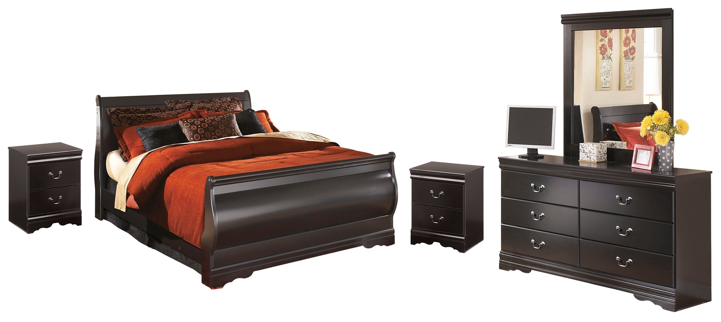 J&M Furniture - Ashley Furniture - Huey Vineyard Queen Sleigh Bed with Mirrored Dresser and 2 Nightstands - Queen Sleigh Bed with Mirrored Dresser and 2 Nightstands / Black - B128B15