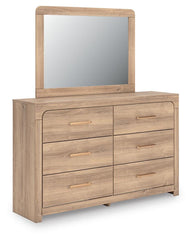 Kinlanni Queen Upholstered Panel Bed, Dresser and Mirror