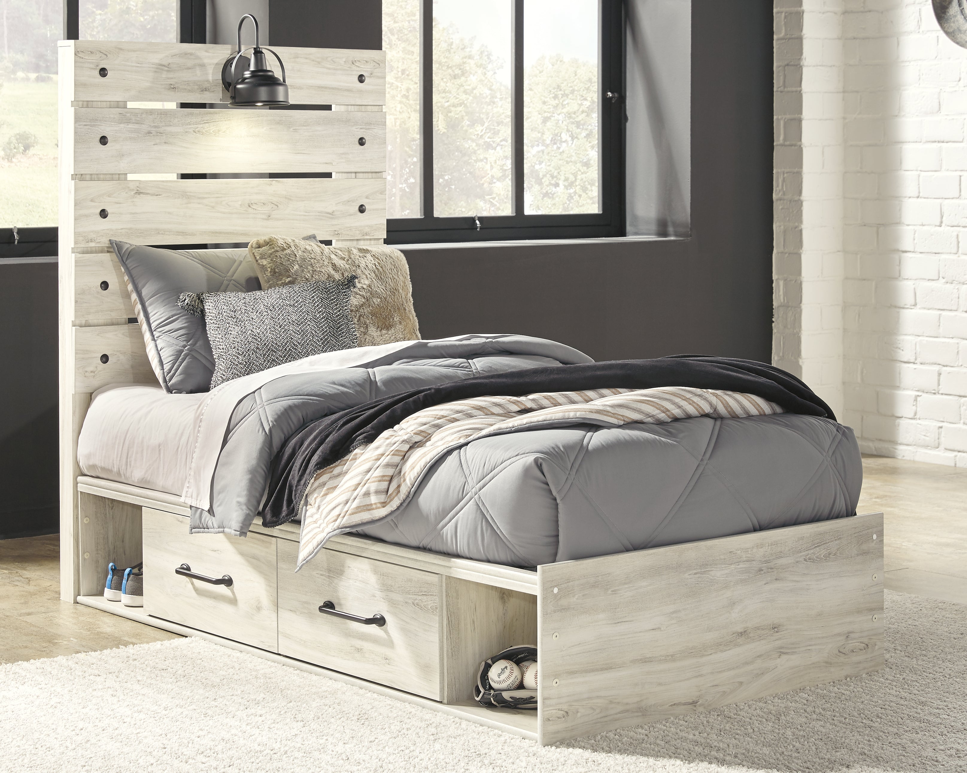 J&M Furniture - Ashley Furniture - Cambeck Twin Panel Bed with 4 Storage Drawers - Twin Panel Bed with 4 Storage Drawers / Whitewash - B192B21