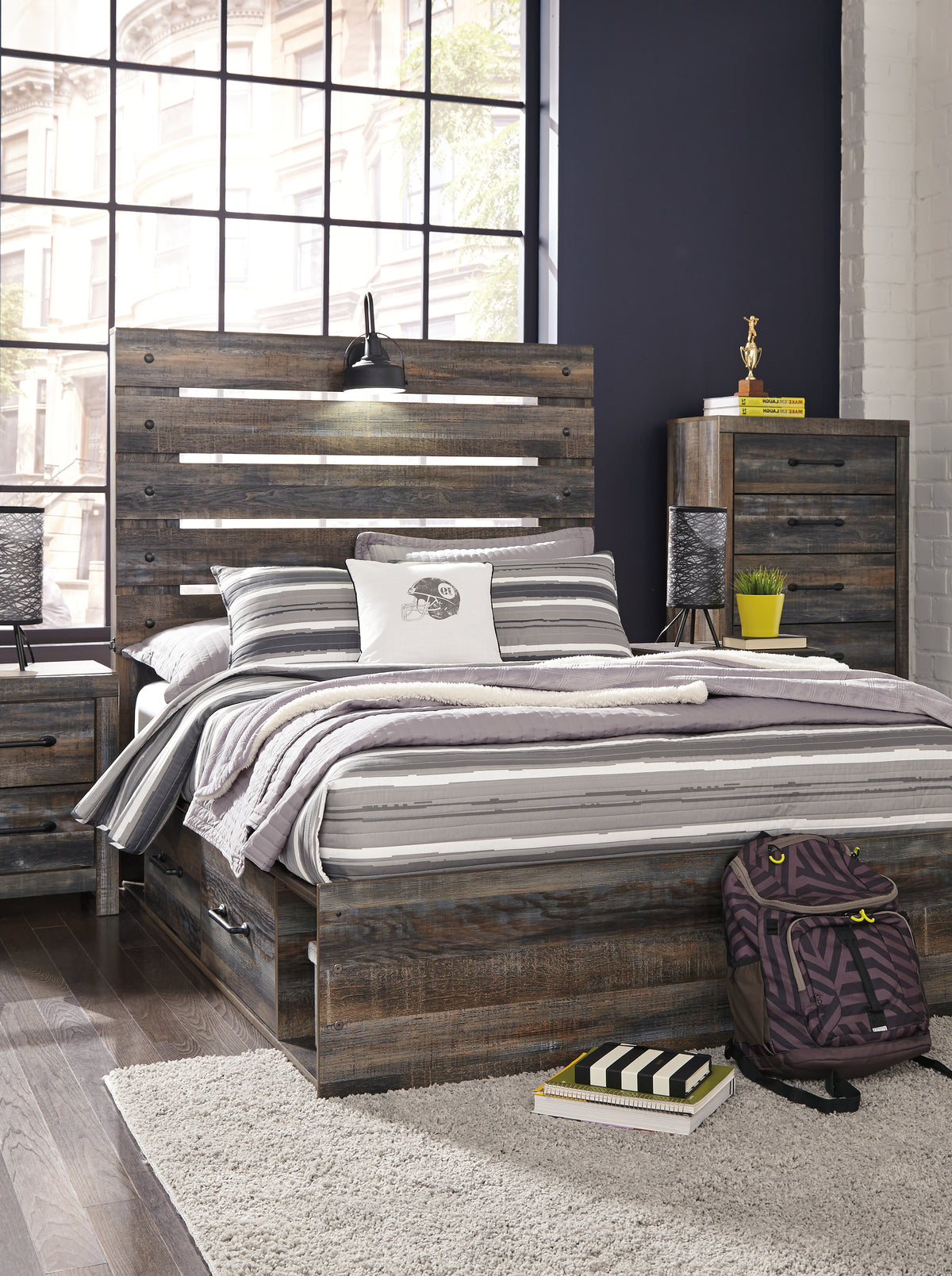J&M Furniture - Ashley Furniture - Drystan Full Panel Bed with 4 Storage Drawers - Full Panel Bed with 4 Storage Drawers / Multi - B211B12