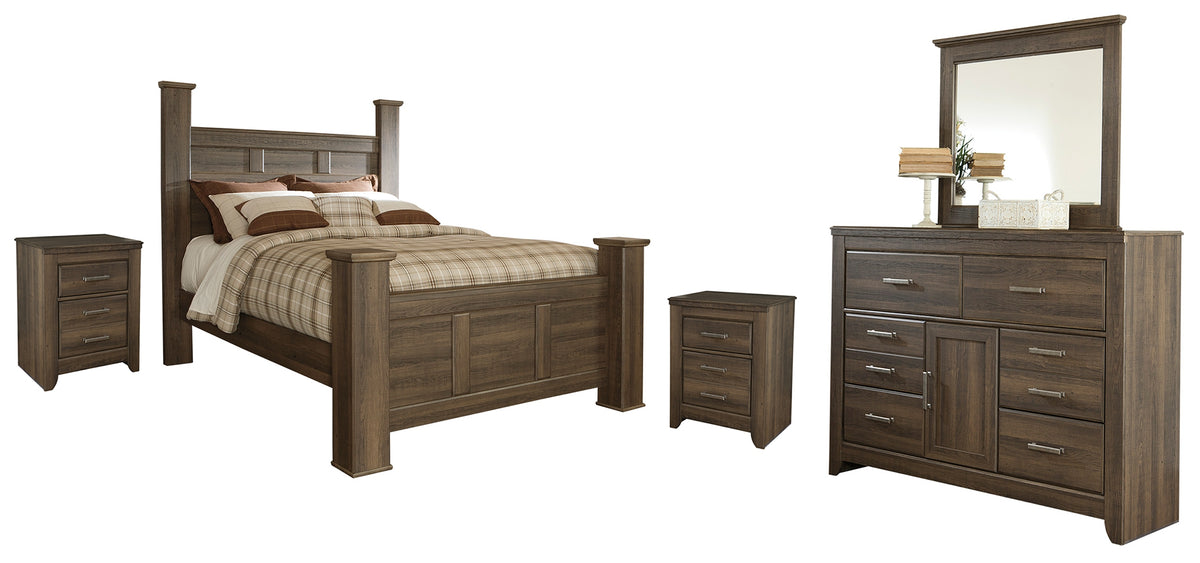 J&M Furniture - Ashley Furniture - Juararo Queen Poster Bed with Mirrored Dresser and 2 Nightstands - Queen Poster Bed with Mirrored Dresser and 2 Nightstands - B251B17