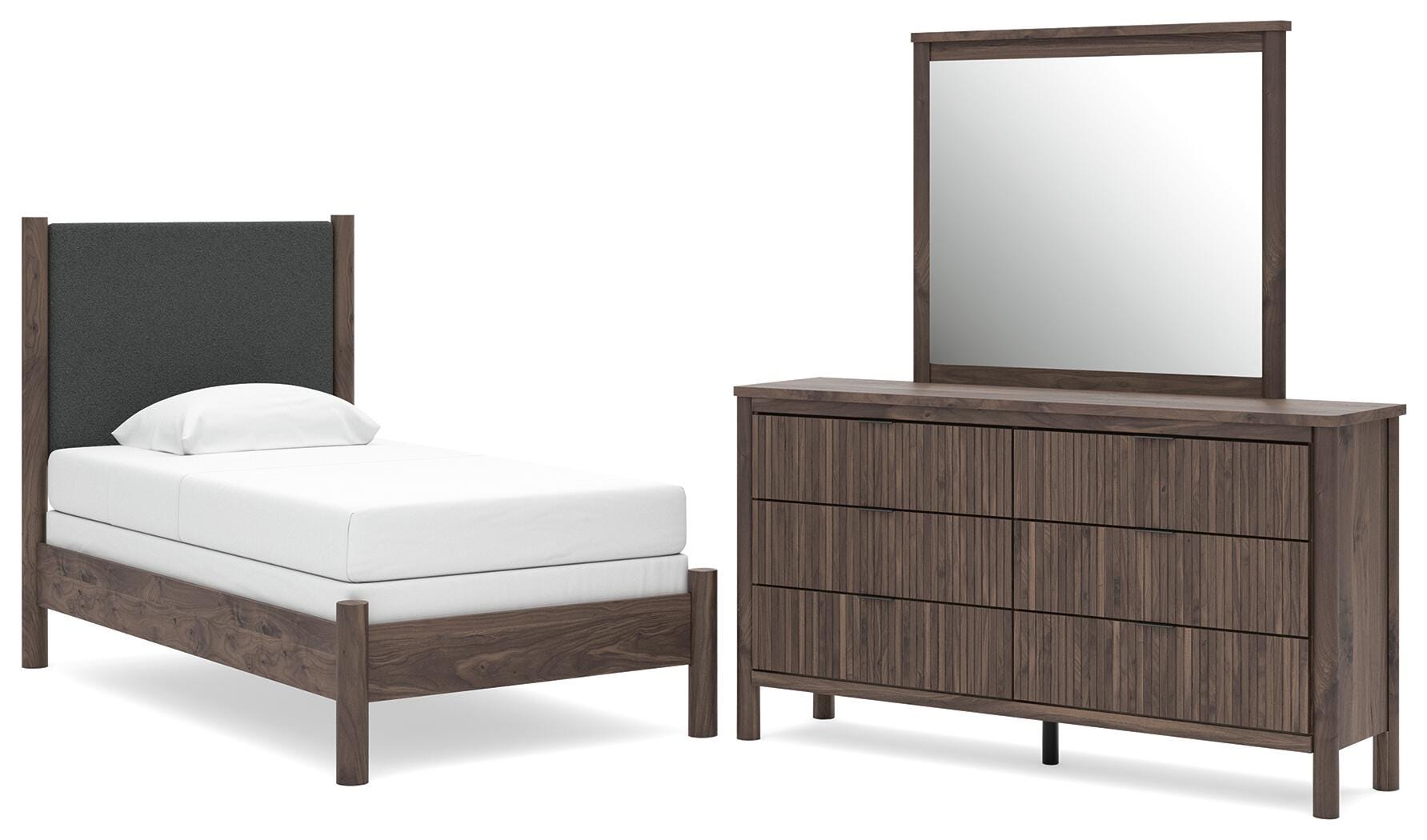 J&M Furniture - Ashley Furniture - Pamytta Twin Upholstered Panel Bed, Dresser and Mirror - Twin Upholstered Panel Bed, Dresser and Mirror - PCB2614B21