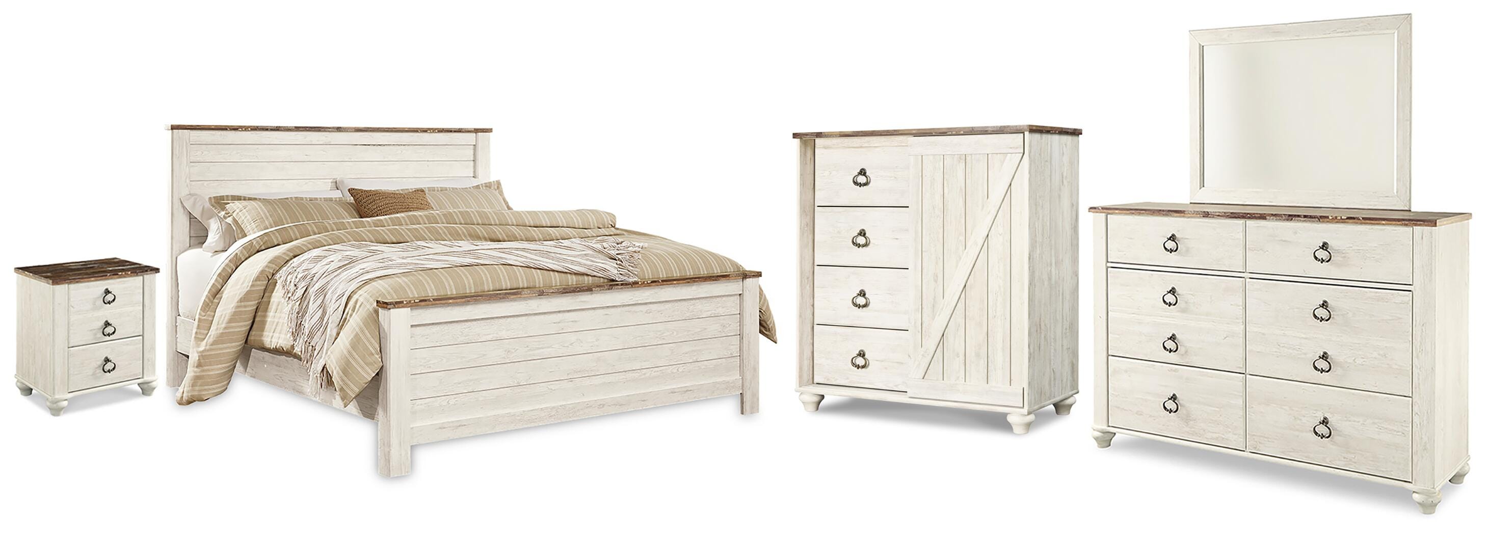 J&M Furniture - Ashley Furniture - Willowton King Panel Bed, Dresser, Mirror, Chest and Nightstand - King Panel Bed, Dresser, Mirror, Chest and Nightstand - B267B68