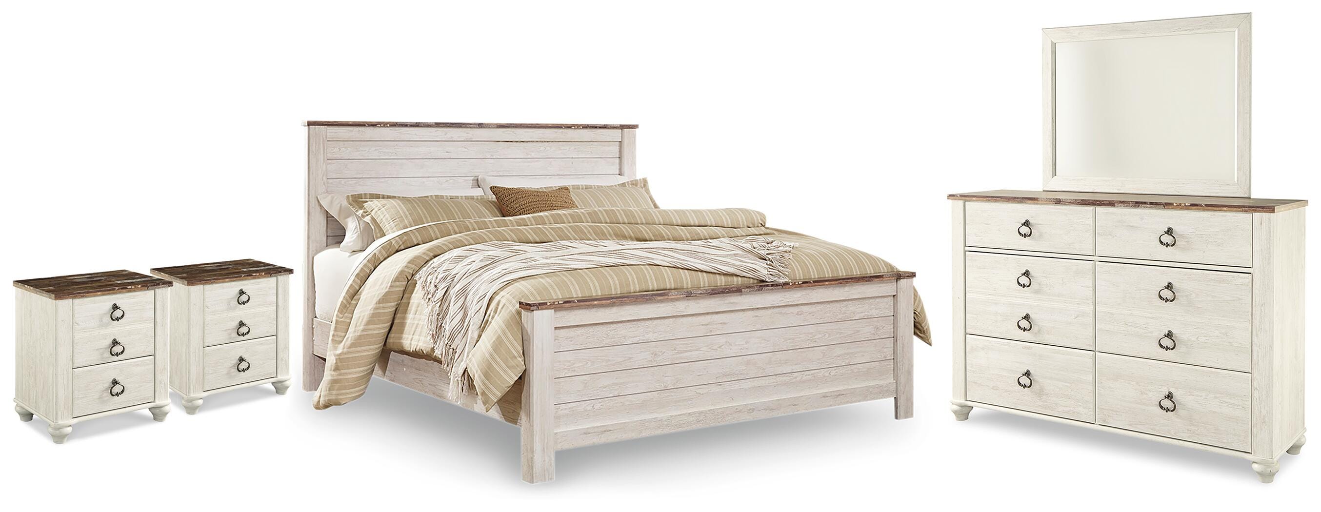 J&M Furniture - Ashley Furniture - Willowton King Panel Bed, Dresser, Mirror and 2 Nightstands - King Panel Bed, Dresser, Mirror and 2 Nightstands - B267B75
