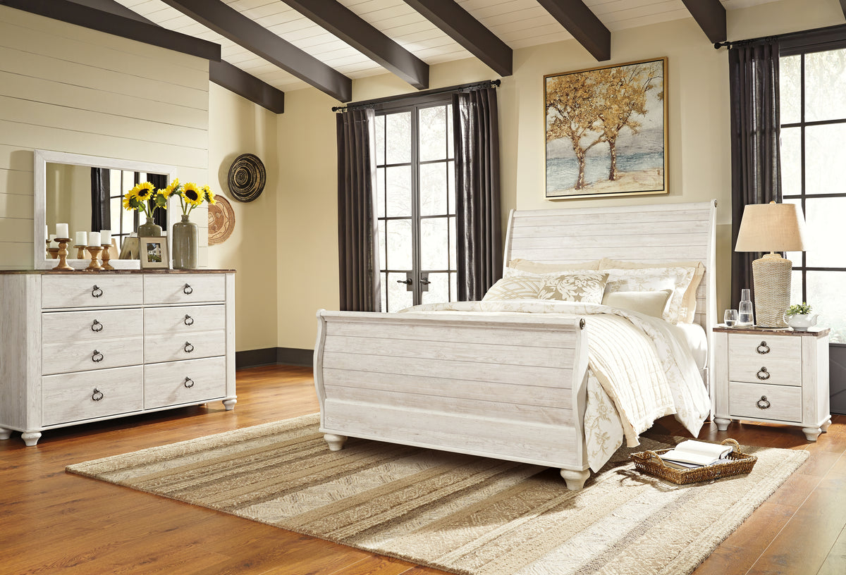 J&M Furniture - Ashley Furniture - Willowton Queen Sleigh Bed with Mirrored Dresser and Nightstand - Queen Sleigh Bed with Mirrored Dresser and Nightstand / Whitewash - B267B32