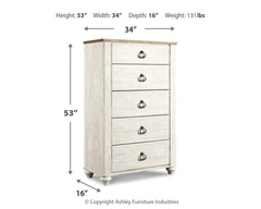 Willowton Twin Bed with Storage, Dresser, Mirror, Chest and Nightstand