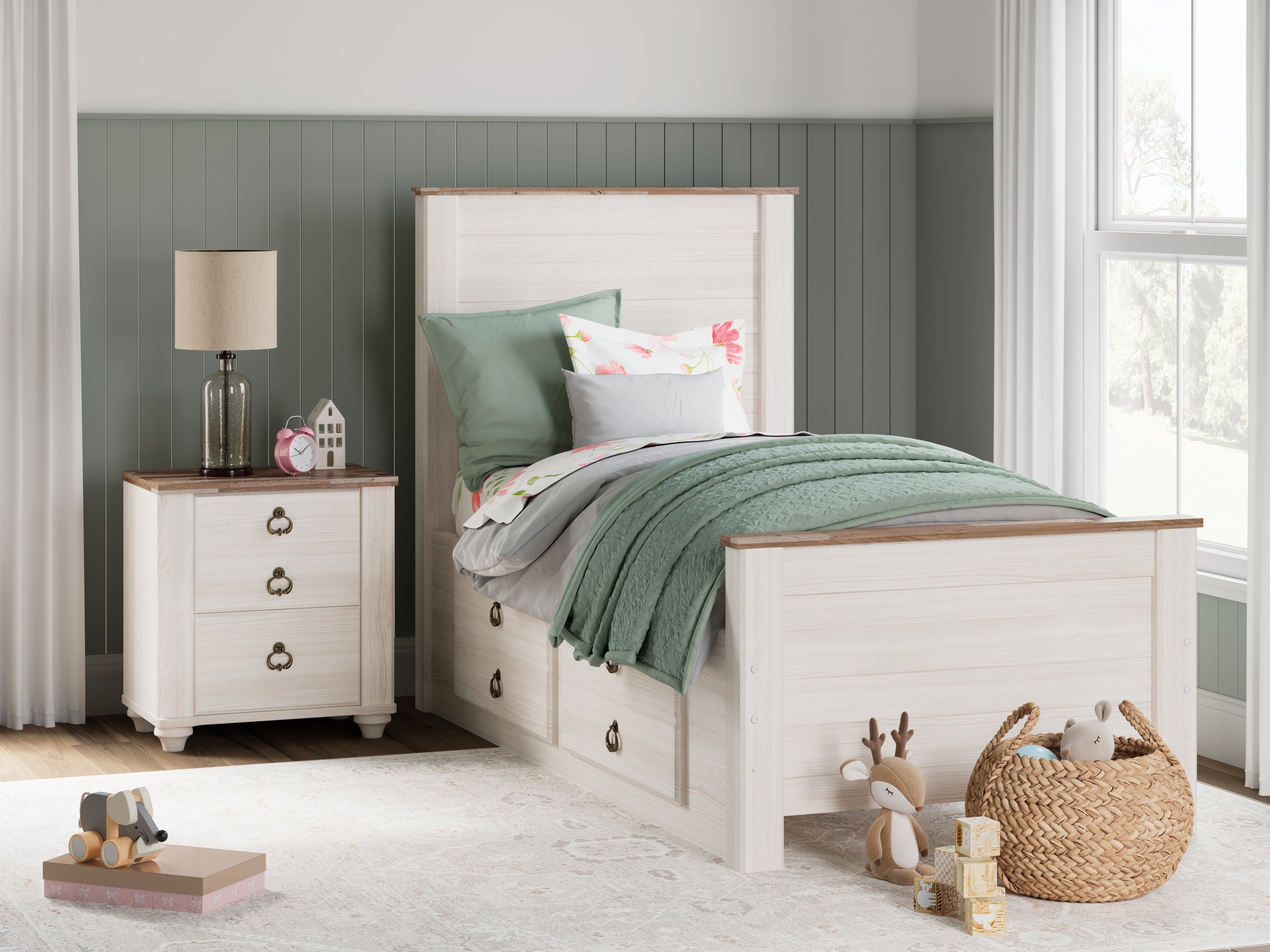 J&M Furniture - Ashley Furniture - Willowton Twin Panel Bed with 2 Storage Drawers - Twin Panel Bed with 2 Storage Drawers / Whitewash - B267B21
