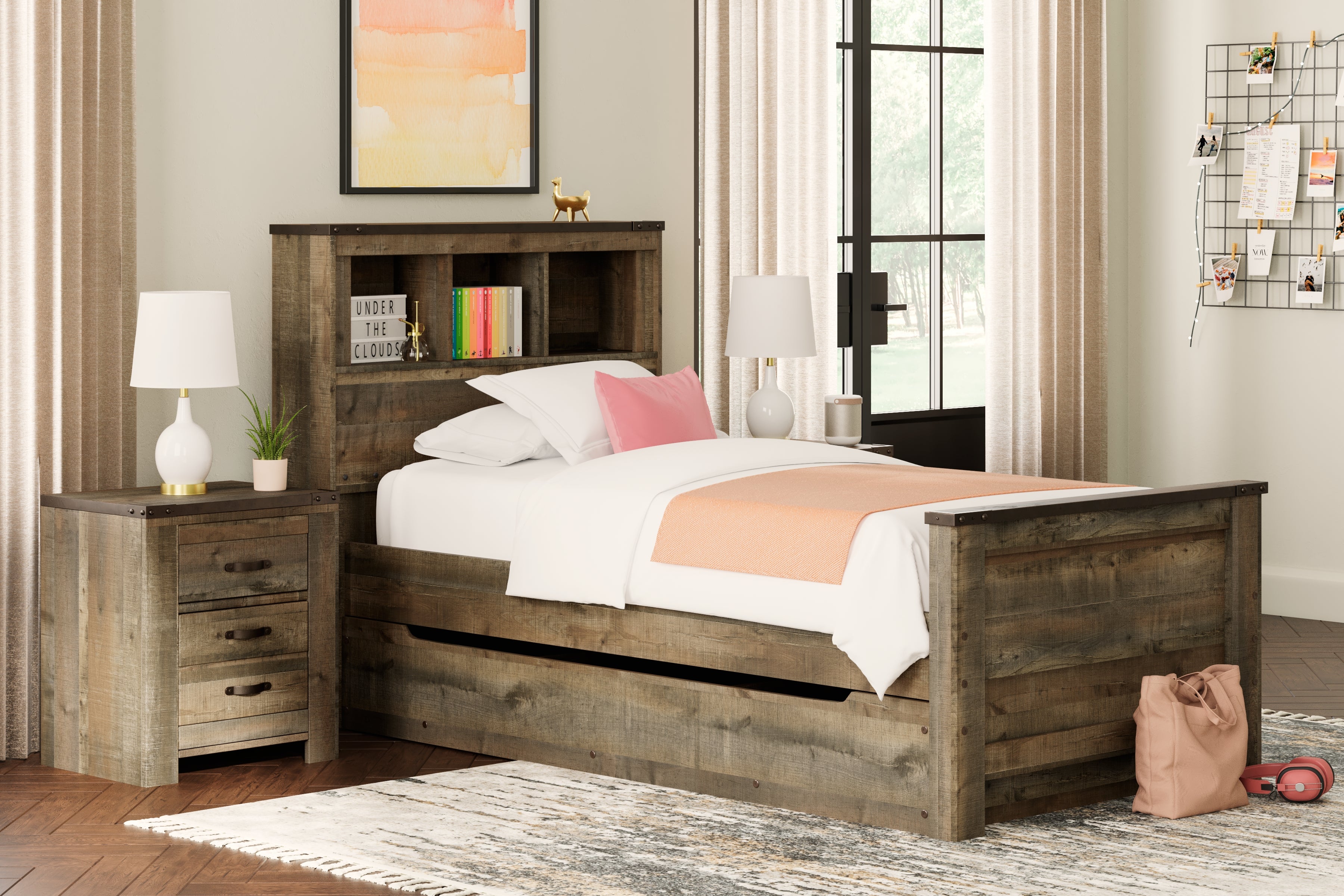 J&M Furniture - Ashley Furniture - Trinell Twin Bookcase Bed with 1 Large Storage Drawer - Twin Bookcase Bed with 1 Large Storage Drawer / Brown - B446B22