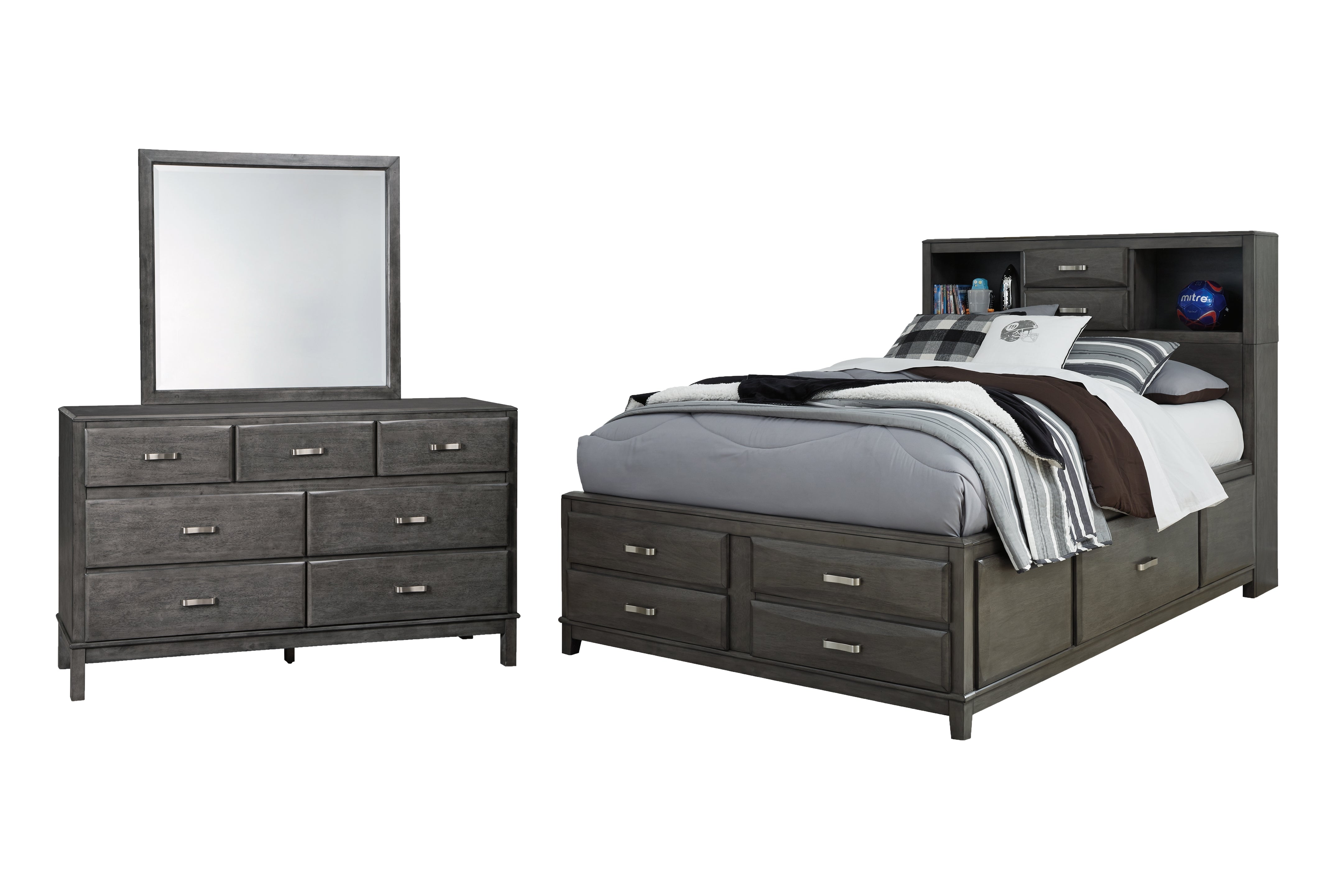 J&M Furniture - Ashley Furniture - Caitbrook Full Storage Bed with Mirrored Dresser - Full Storage Bed with Mirrored Dresser / Gray - B476B5