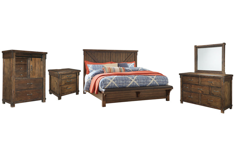 Lakeleigh Califorina King Panel Bed with Upholstered Bench with Mirrored Dresser, Chest and NightstandBedroom Packages
