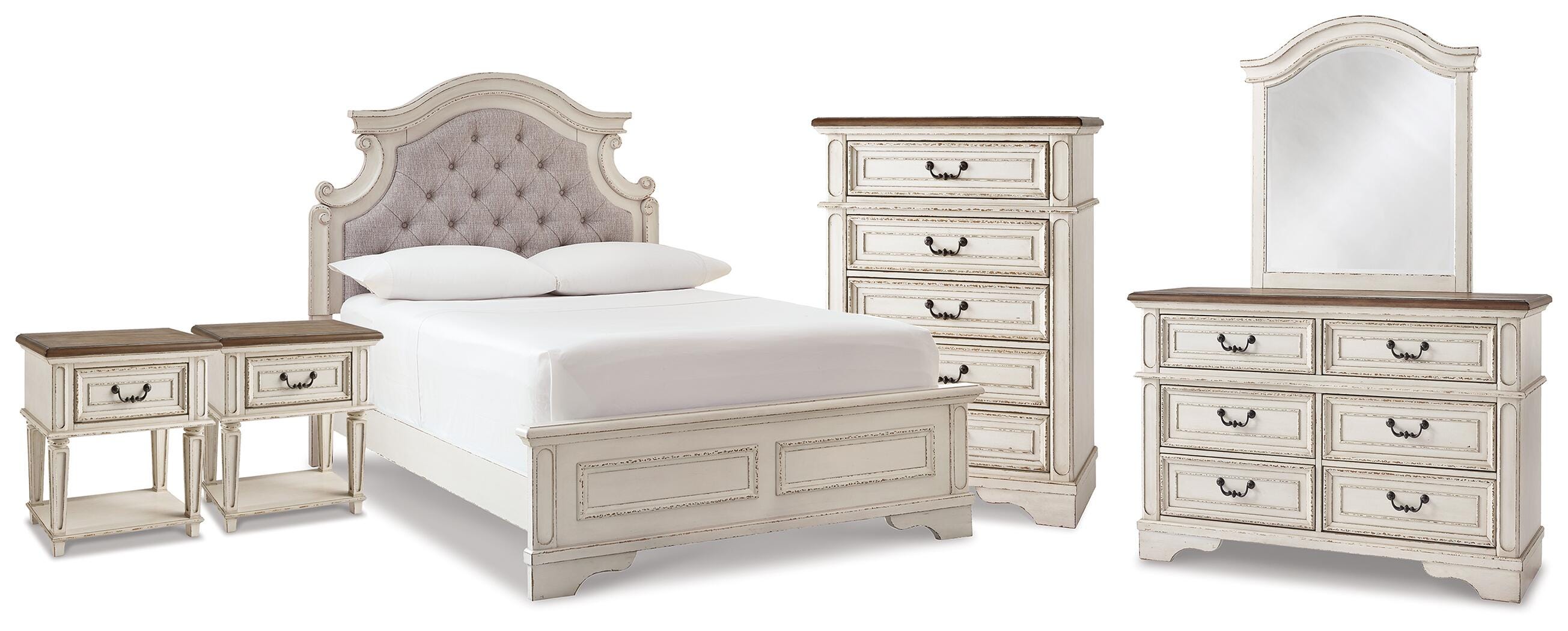 J&M Furniture - Ashley Furniture - Realyn Full Upholstered Panel Bed, Dresser, Mirror, Chest and 2 Nightstands - Full Upholstered Panel Bed, Dresser, Mirror, Chest and 2 Nightstands - B743B77