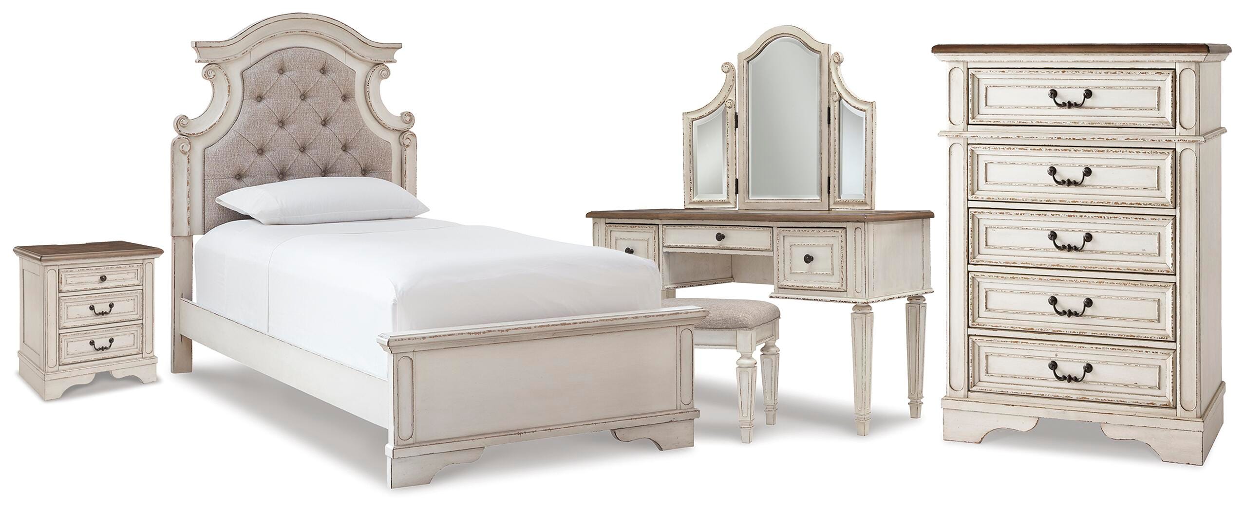 J&M Furniture - Ashley Furniture - Realyn Twin Upholstered Panel Bed, Chest, Vanity and Nightstand - Twin Upholstered Panel Bed, Chest, Vanity and Nightstand - B743B99