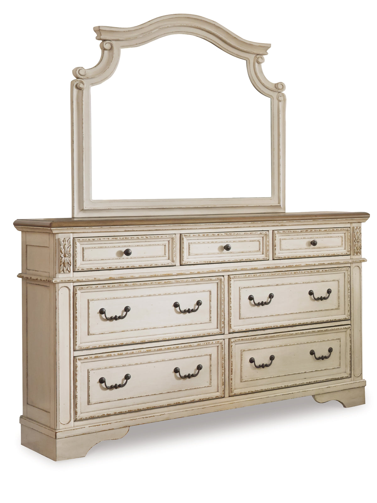 J&M Furniture - Ashley Furniture - Realyn California King Upholstered Bed, Dresser, Mirror and Chest - California King Upholstered Bed, Dresser, Mirror and Chest / Chipped White - B743B25