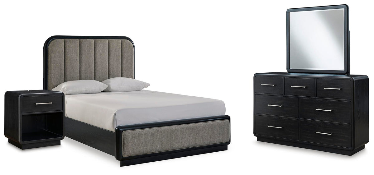 J&M Furniture - Ashley Furniture - Rowanbeck Queen Upholstered Panel Bed, Dresser, Mirror and Nightstand - Queen Upholstered Panel Bed, Dresser, Mirror and Nightstand - B821B9