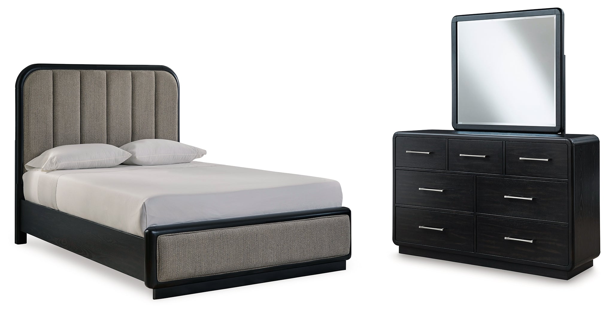 J&M Furniture - Ashley Furniture - Rowanbeck Queen Upholstered Panel Bed, Dresser and Mirror - Queen Upholstered Panel Bed, Dresser and Mirror - B821B3
