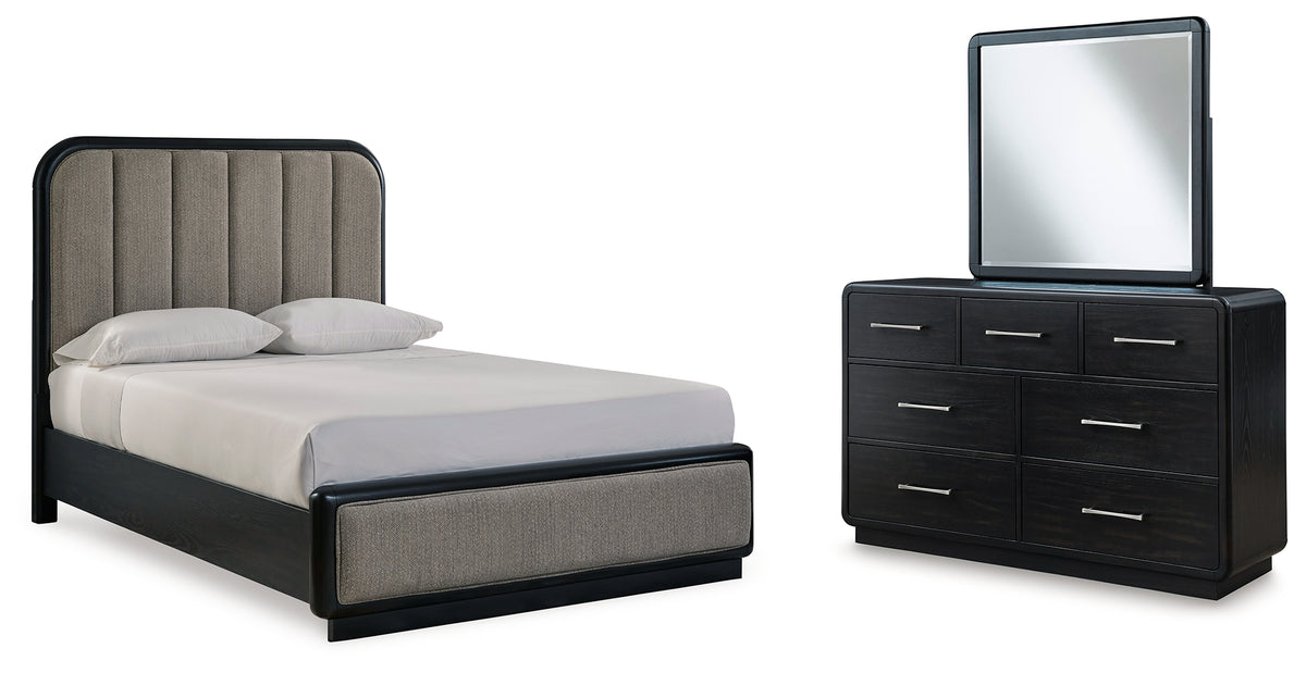 J&M Furniture - Ashley Furniture - Rowanbeck Queen Upholstered Panel Bed, Dresser and Mirror - Queen Upholstered Panel Bed, Dresser and Mirror - B821B3