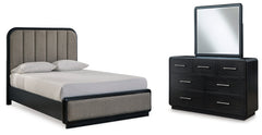 J&M Furniture - Ashley Furniture - Rowanbeck Queen Upholstered Panel Bed, Dresser and Mirror - Queen Upholstered Panel Bed, Dresser and Mirror - B821B3