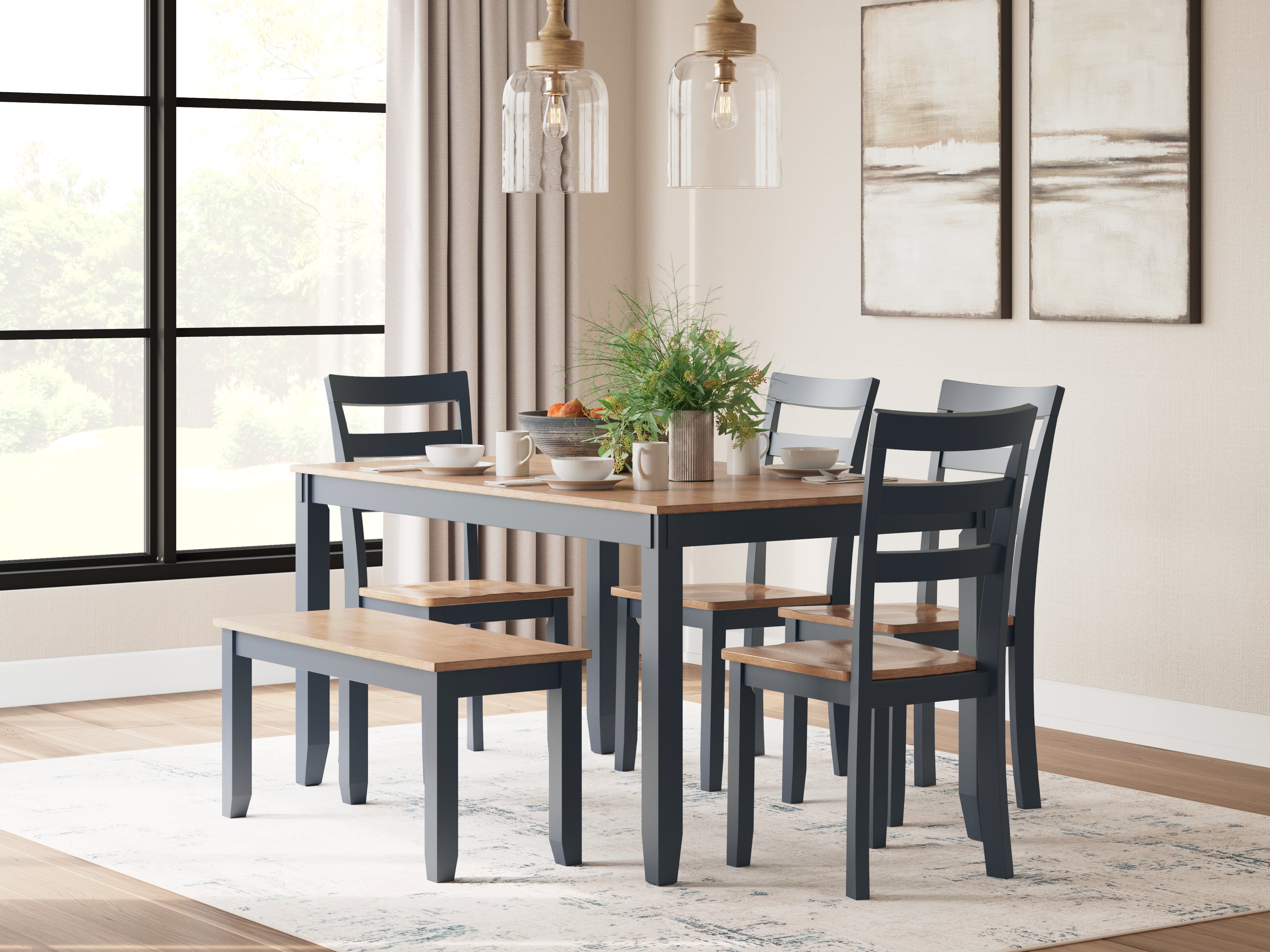 J&M Furniture - Ashley Furniture - Gesthaven Dining Table with 4 Chairs and Bench (Set of 6) - Dining Room Table Set (6/CN) / Natural/Blue - D399-325
