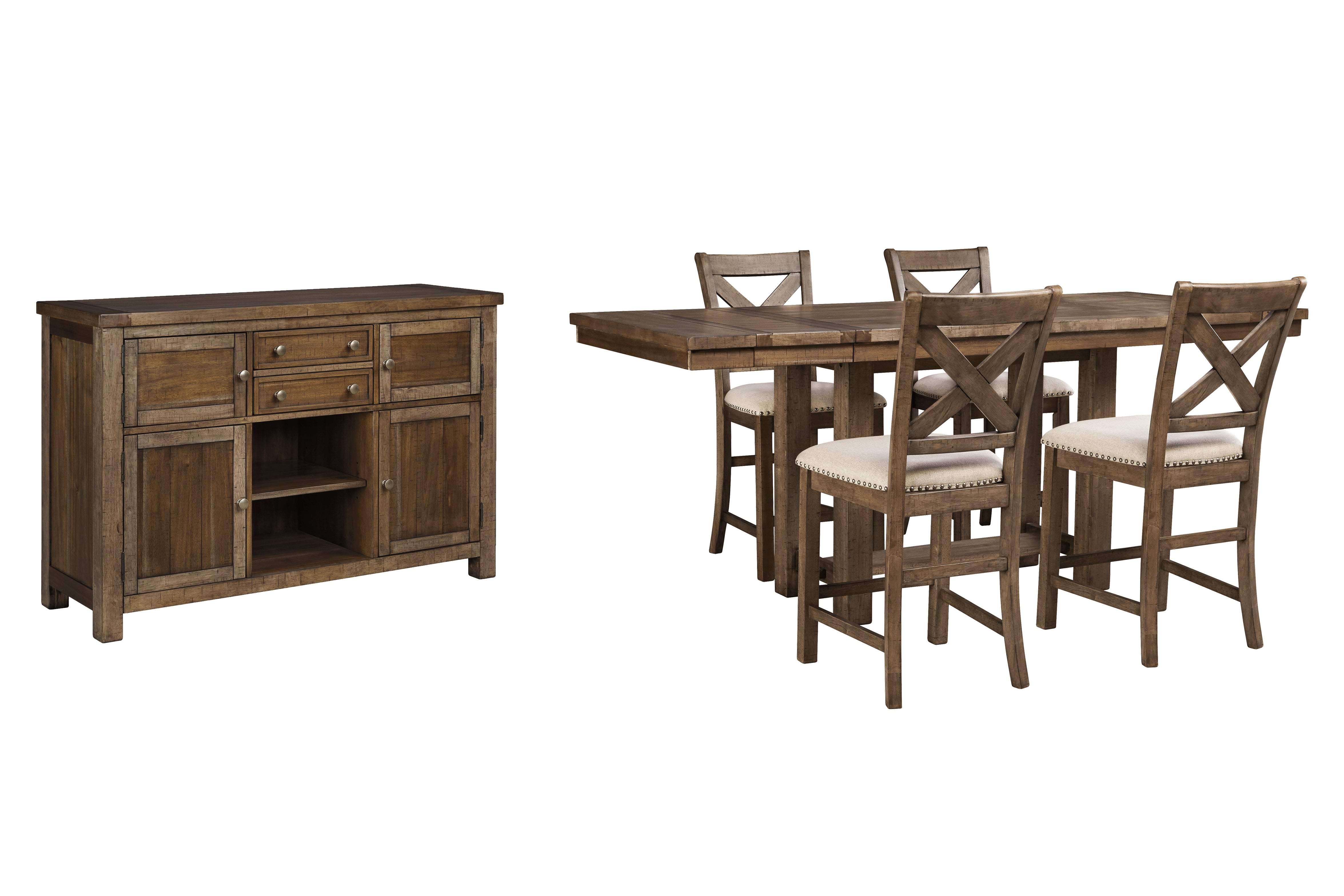 J&M Furniture - Ashley Furniture - Moriville Counter Height Dining Table, 4 Barstools and Server - Counter Height Dining Table, 4 Barstools and Server - D631D8